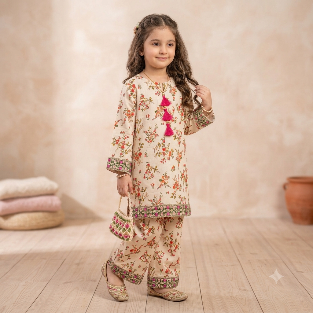 Girls Floral Shalwar Kameez - Front and back view on chair