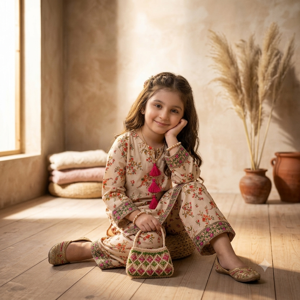 Girls Floral Shalwar Kameez - Detail shots of tassels, embroidery and khussa