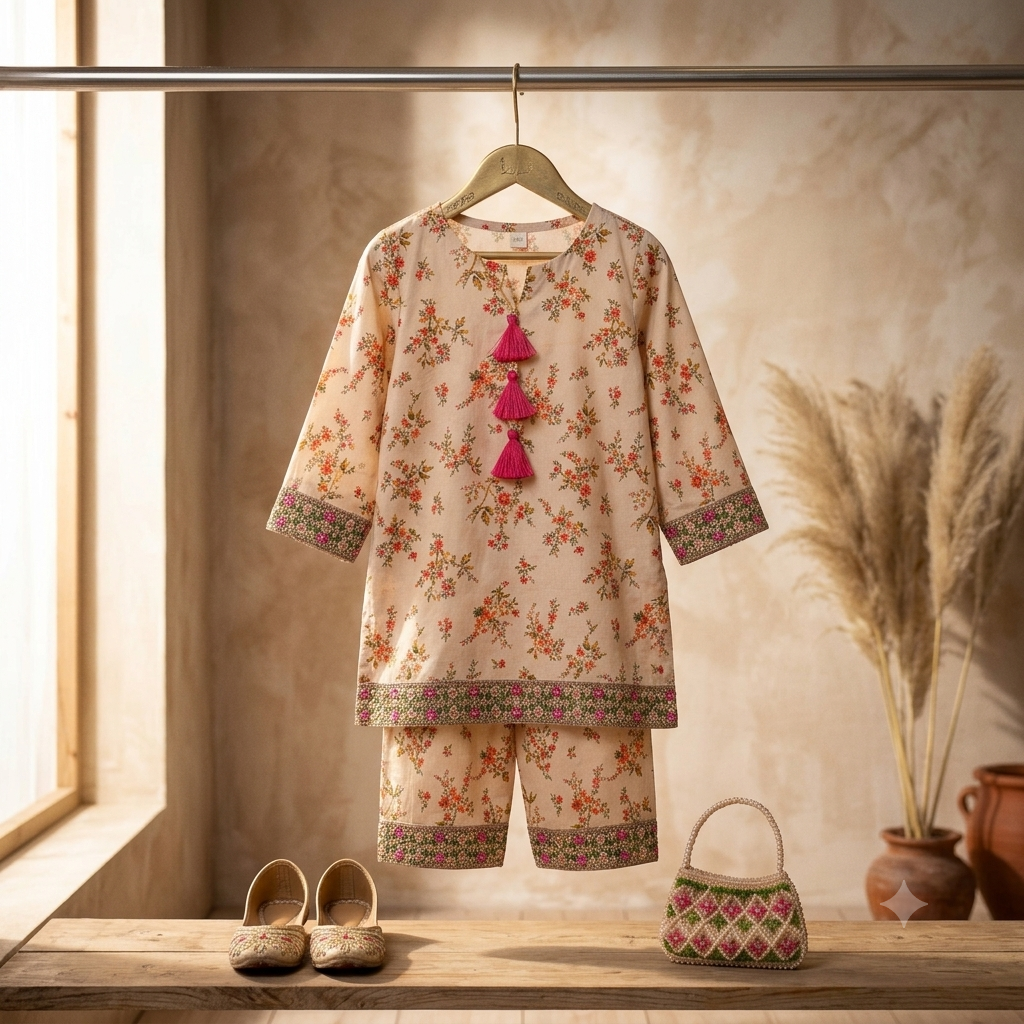Girls Floral Shalwar Kameez - Flat lay on hanger with accessories