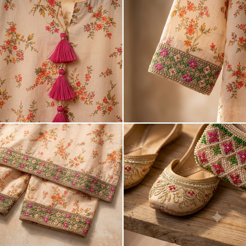 Girls Floral Shalwar Kameez - Side pose with bag