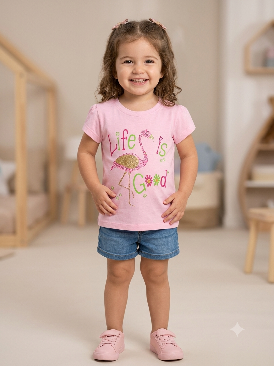 Girls Flamingo T-Shirt - sitting pose
