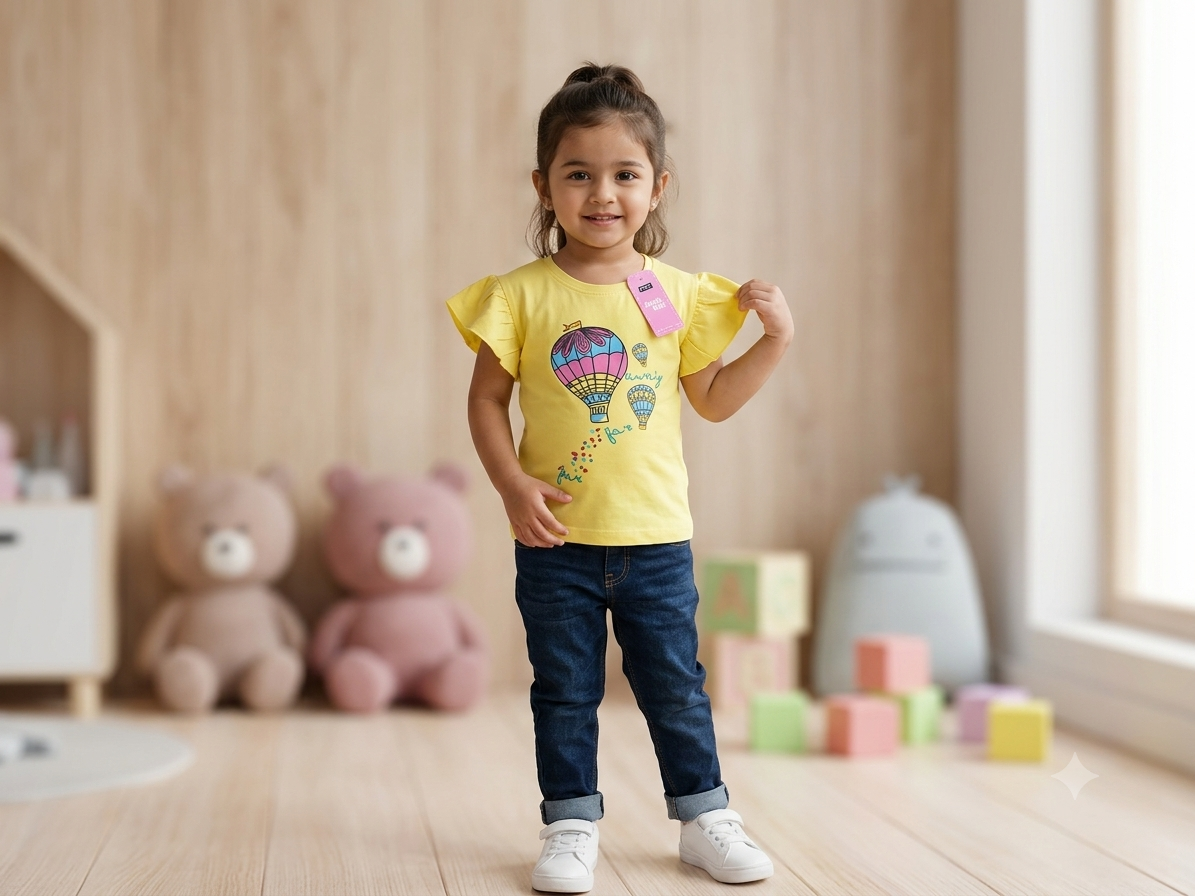 Girls yellow hot air balloon t-shirt - running pose