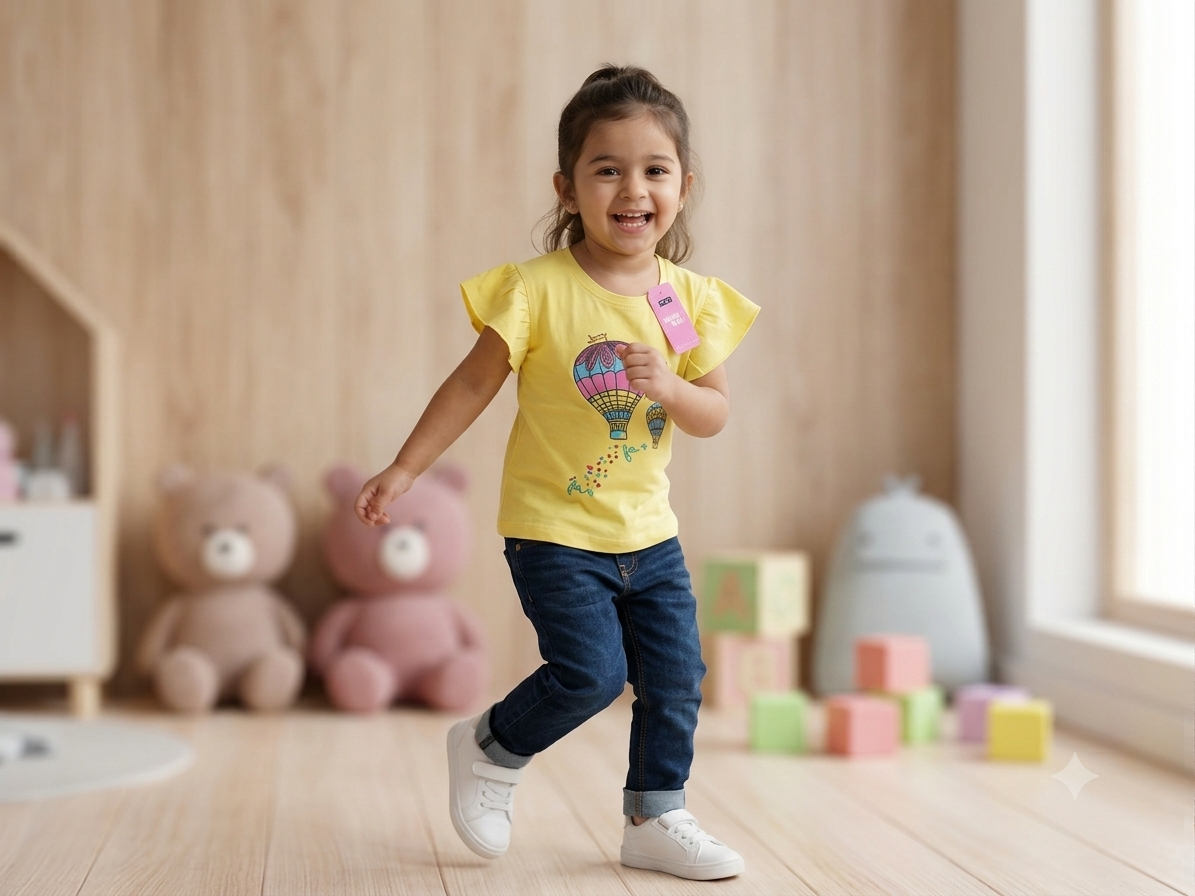 Girls yellow hot air balloon t-shirt - standing pose