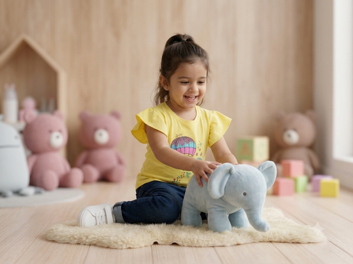 Girls yellow hot air balloon t-shirt - playing with elephant toy
