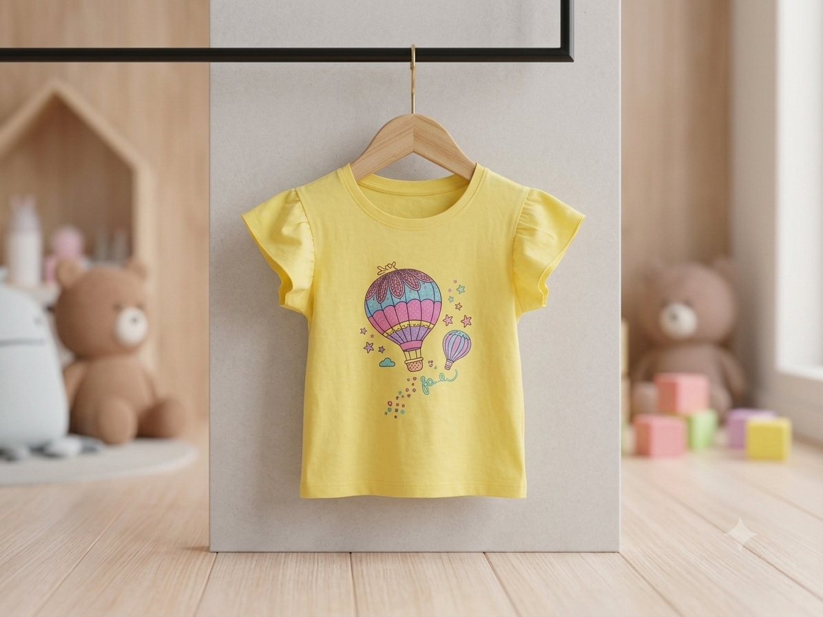 Girls yellow hot air balloon t-shirt - flat lay on hanger