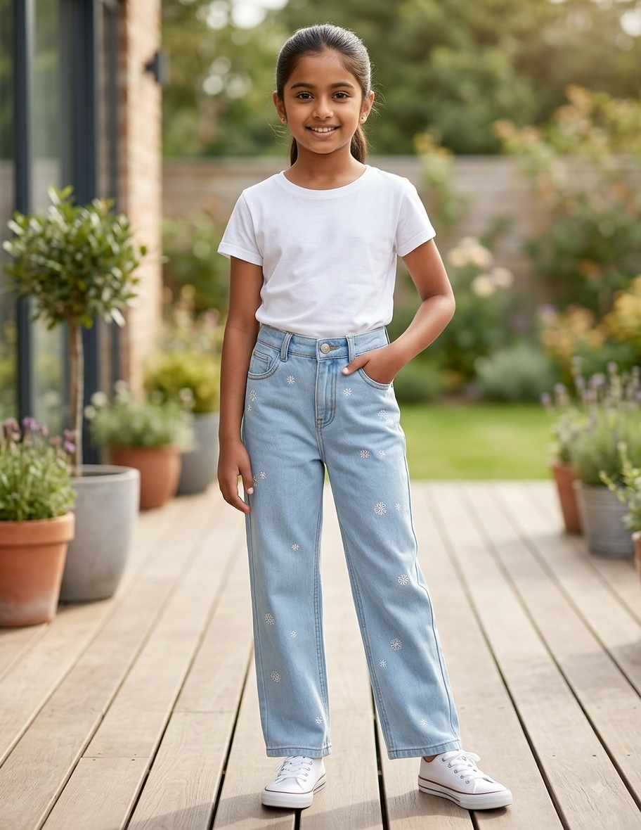 Girl sitting wearing daisy embroidered jeans