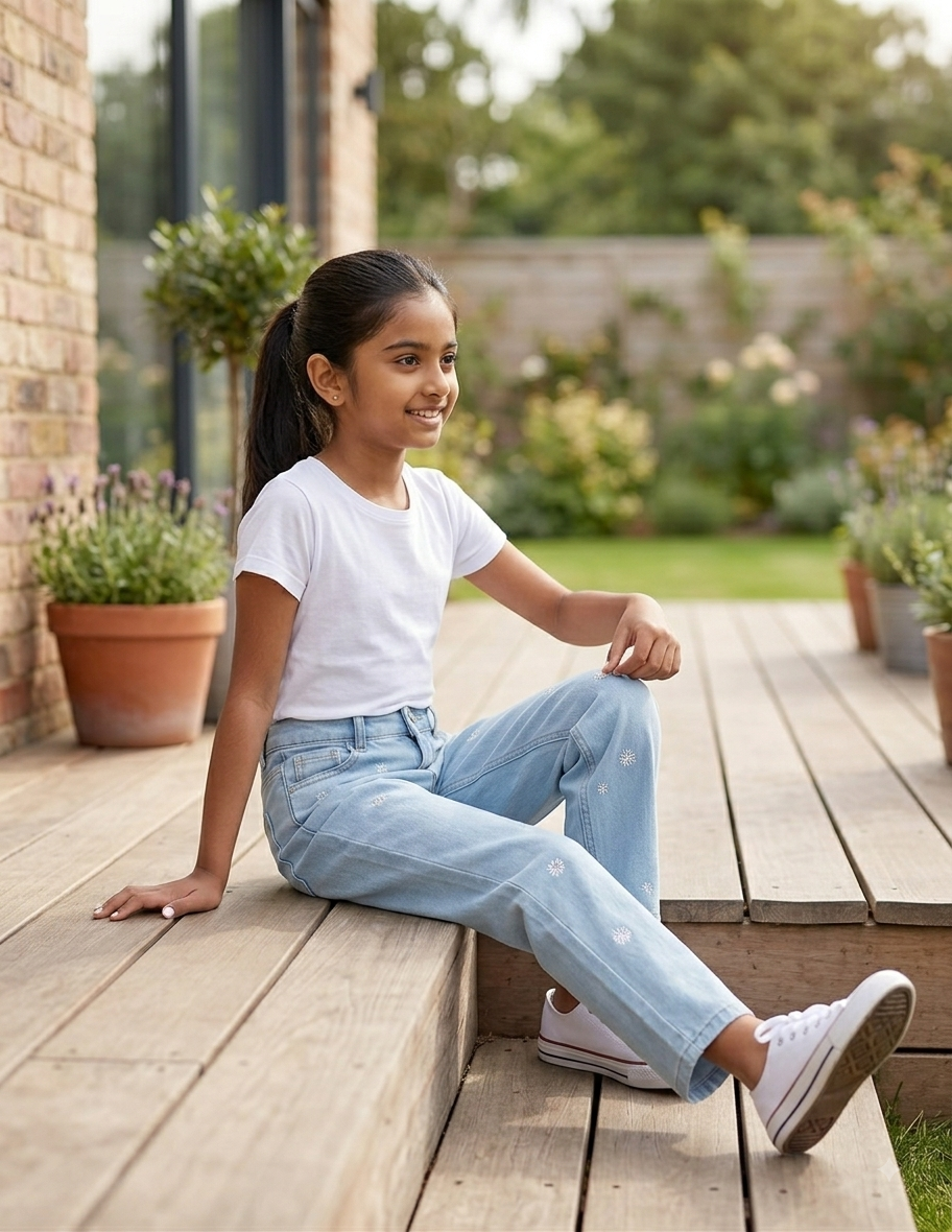 Girl standing wearing daisy embroidered jeans