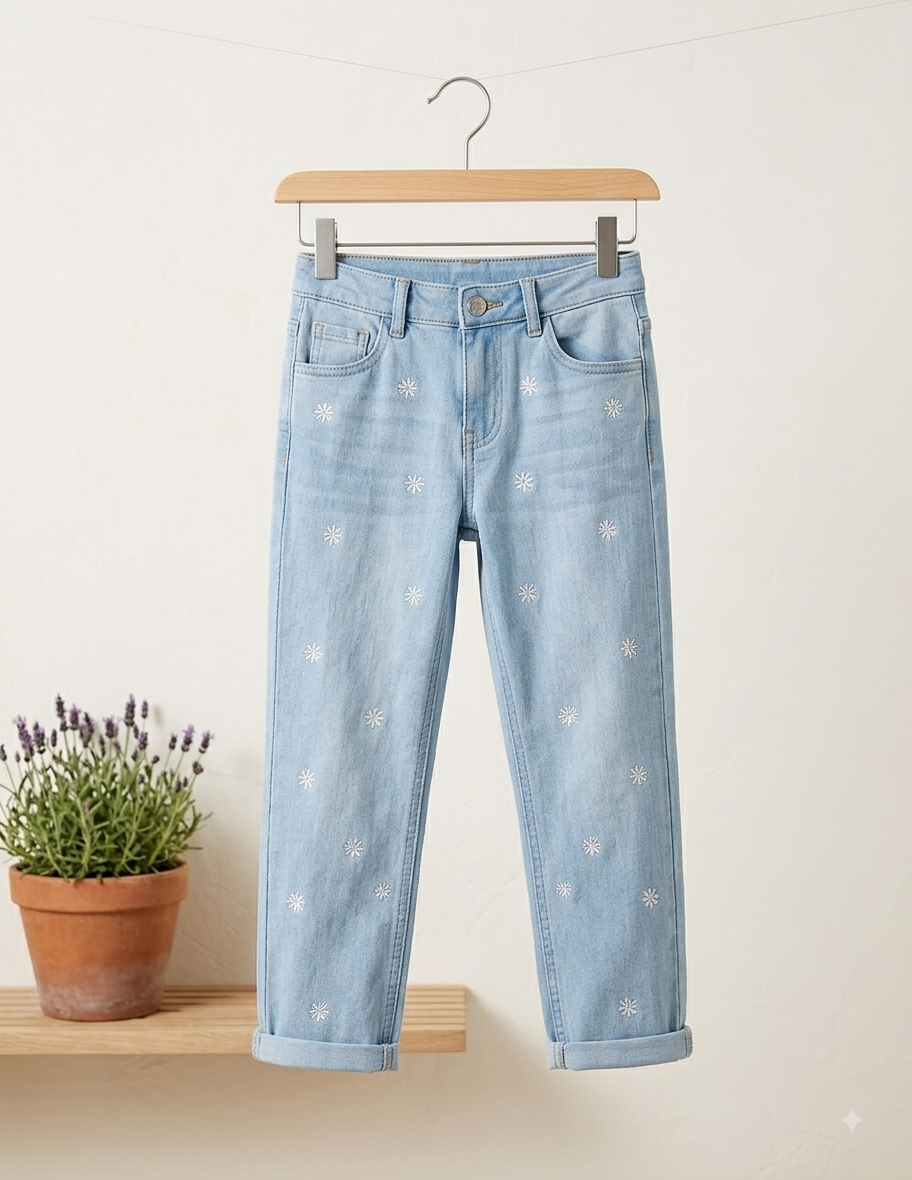 Daisy embroidered light wash jeans on hanger