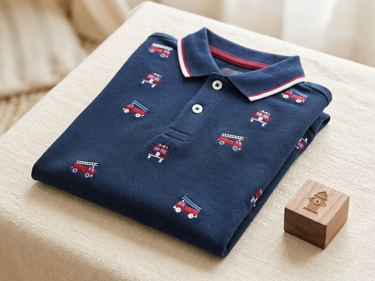 Boys Fire Truck Polo Shirt - Model Sitting