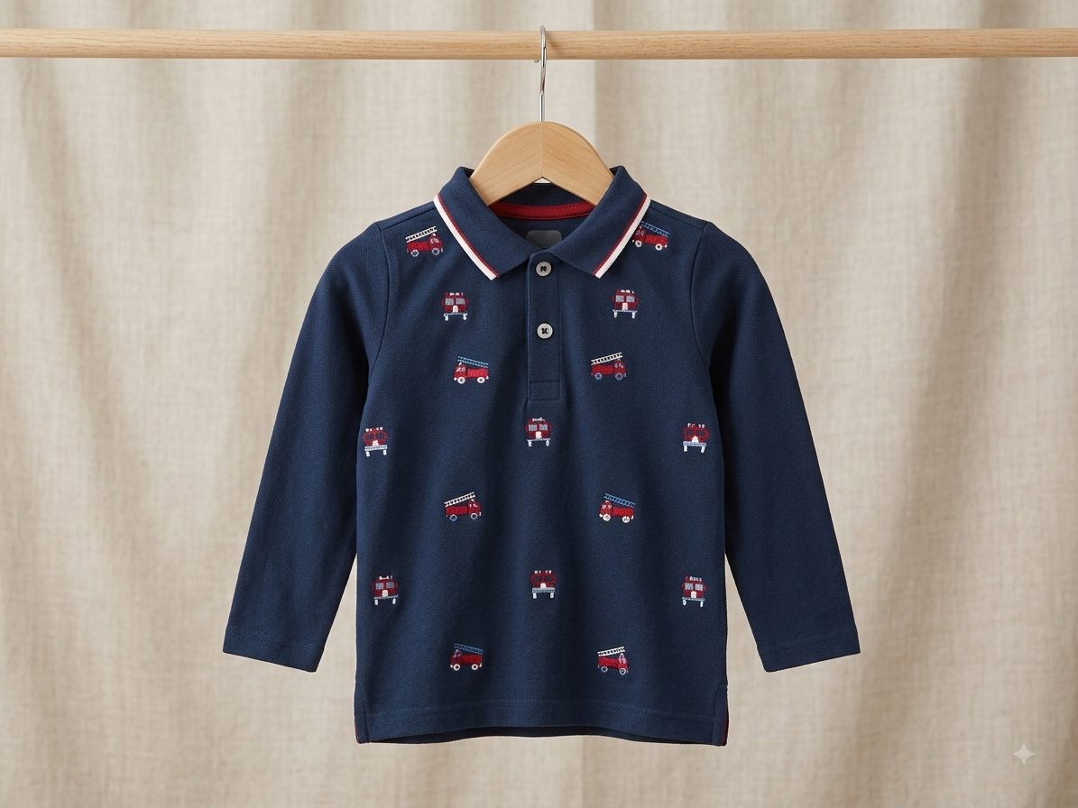 Boys Fire Truck Polo Shirt - Model Smiling