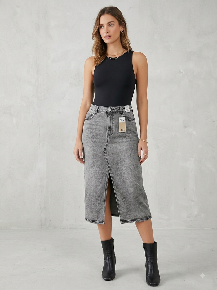 Grey Denim Midi Skirt