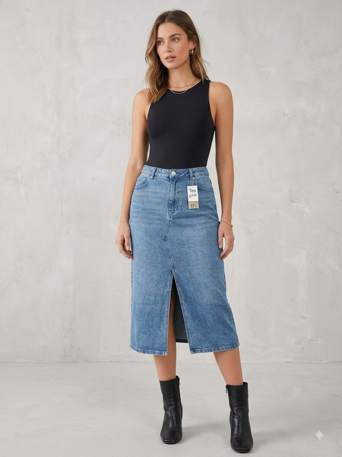 Blue Denim Midi Skirt