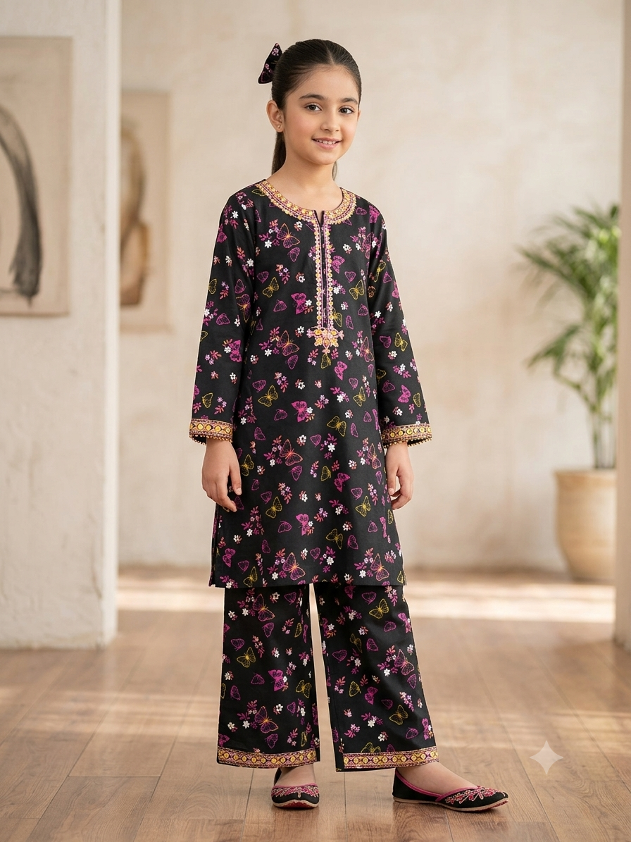 Girls butterfly print shalwar kameez - front view