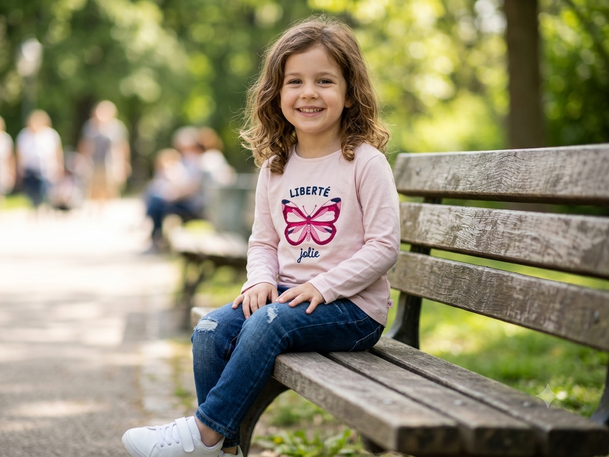 Girl walking in park wearing butterfly t-shirt