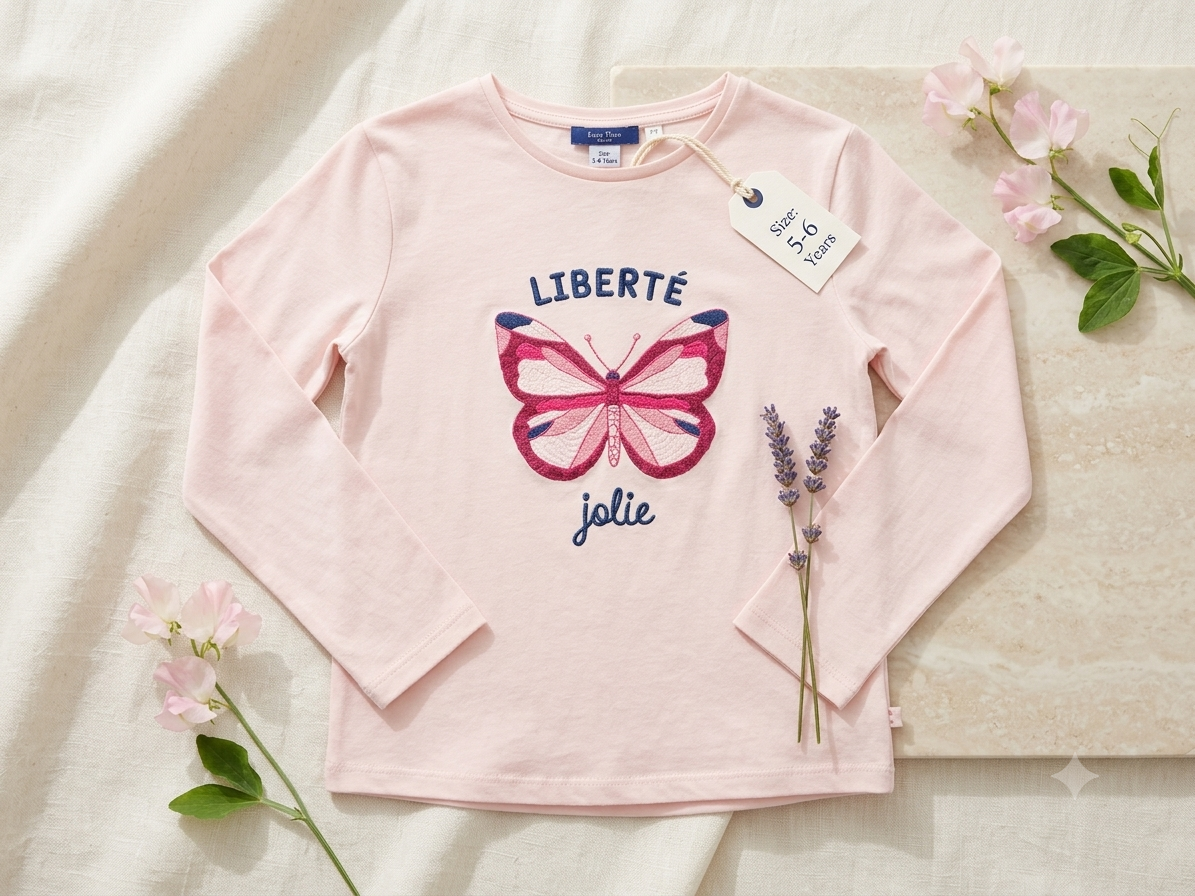 Girl sitting on bench wearing butterfly t-shirt