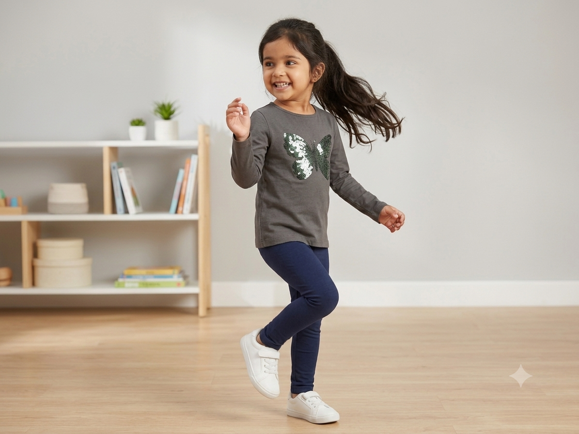 Girl wearing butterfly sequin t-shirt - dancing pose