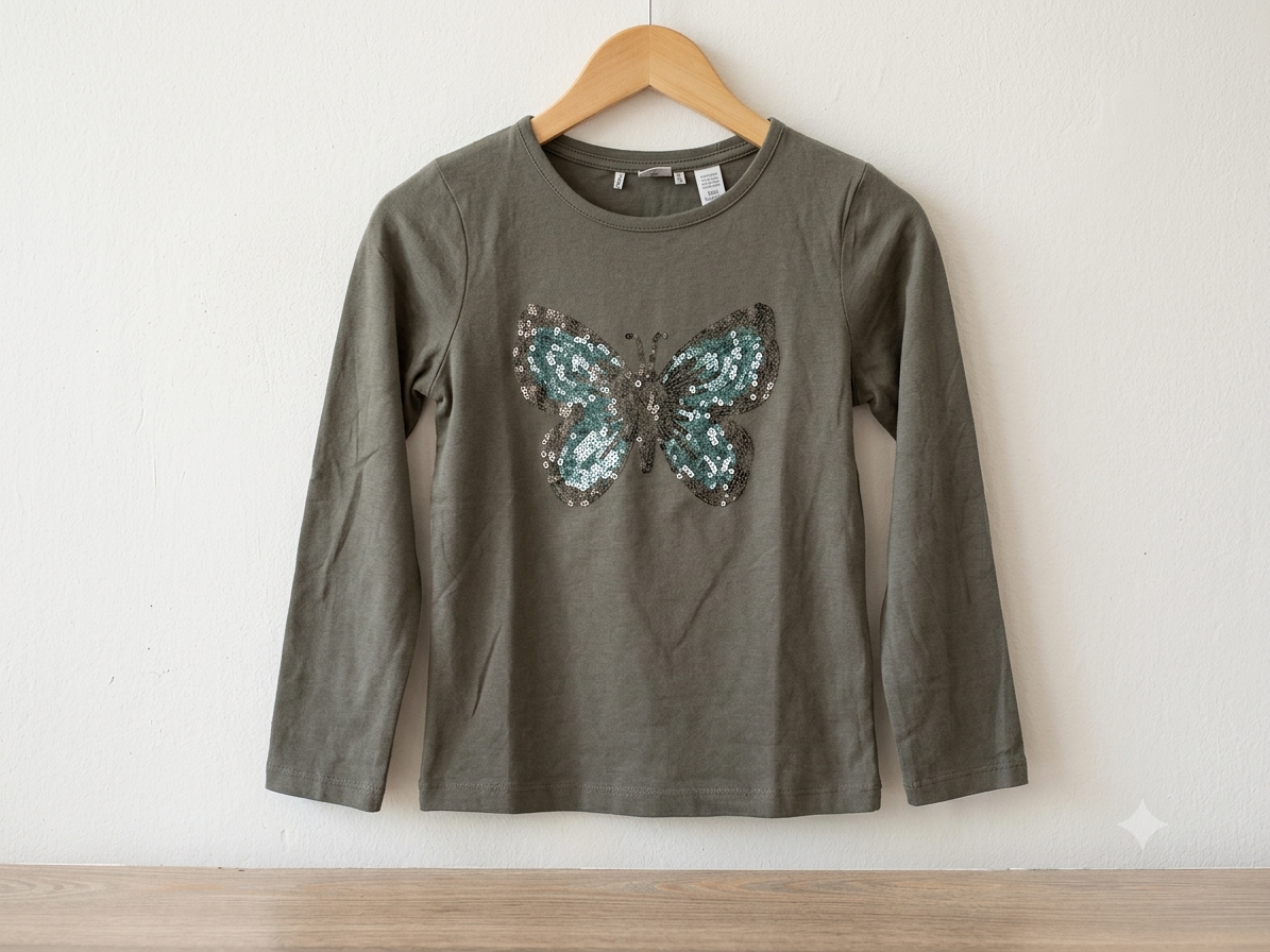 Girl wearing butterfly sequin t-shirt - standing pose