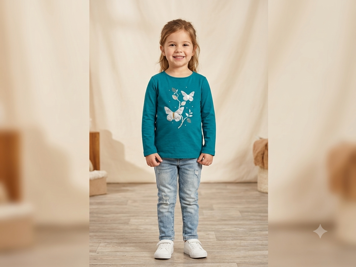 Girl wearing teal butterfly long sleeve t-shirt - front view