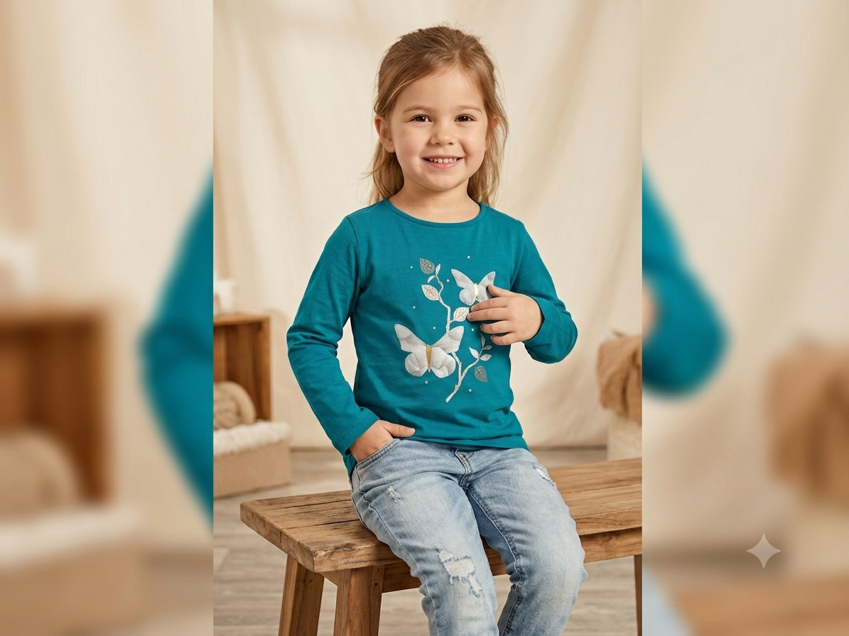 Teal butterfly long sleeve t-shirt on hanger