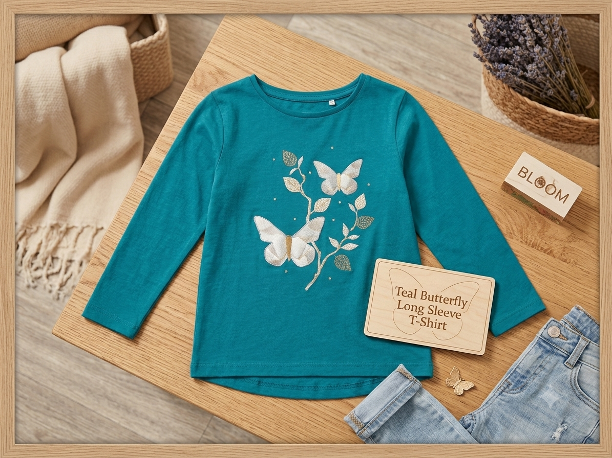 Girl wearing teal butterfly long sleeve t-shirt - full length