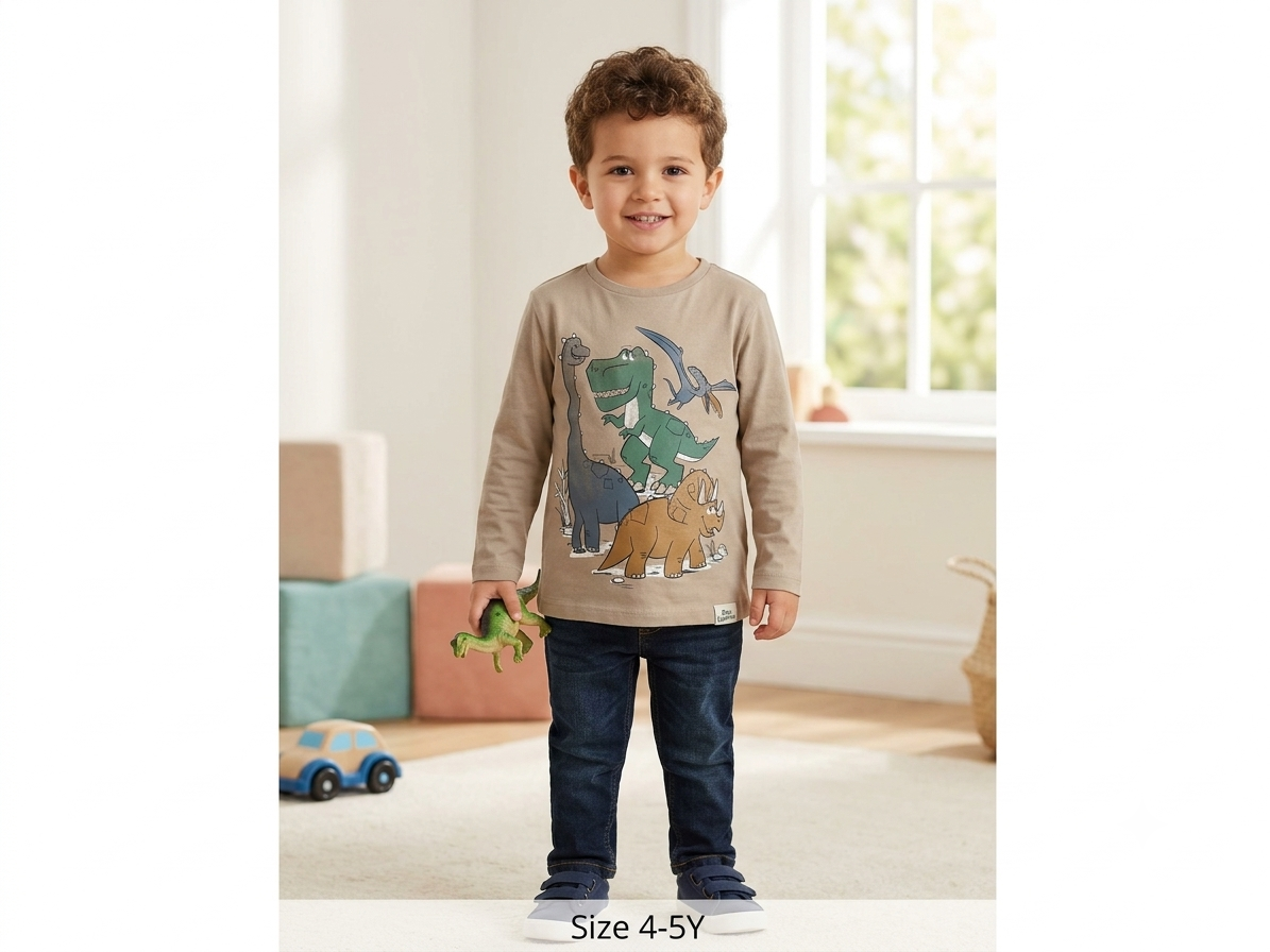 Boy wearing dinosaur full sleeve shirt - front view