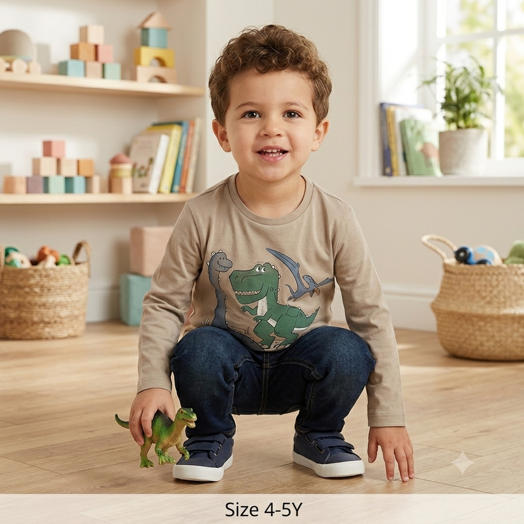 Boy holding dinosaur full sleeve shirt on hanger