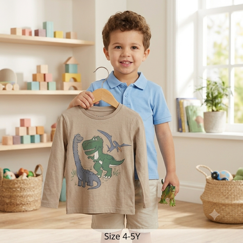 Boy sitting with dinosaur full sleeve shirt and toy