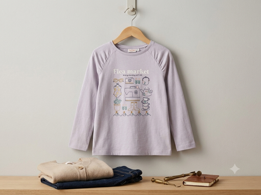Girl wearing Flea Market print full sleeve t-shirt at outdoor market