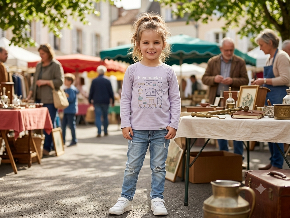 Girls full sleeve lavender Flea Market t-shirt on hanger