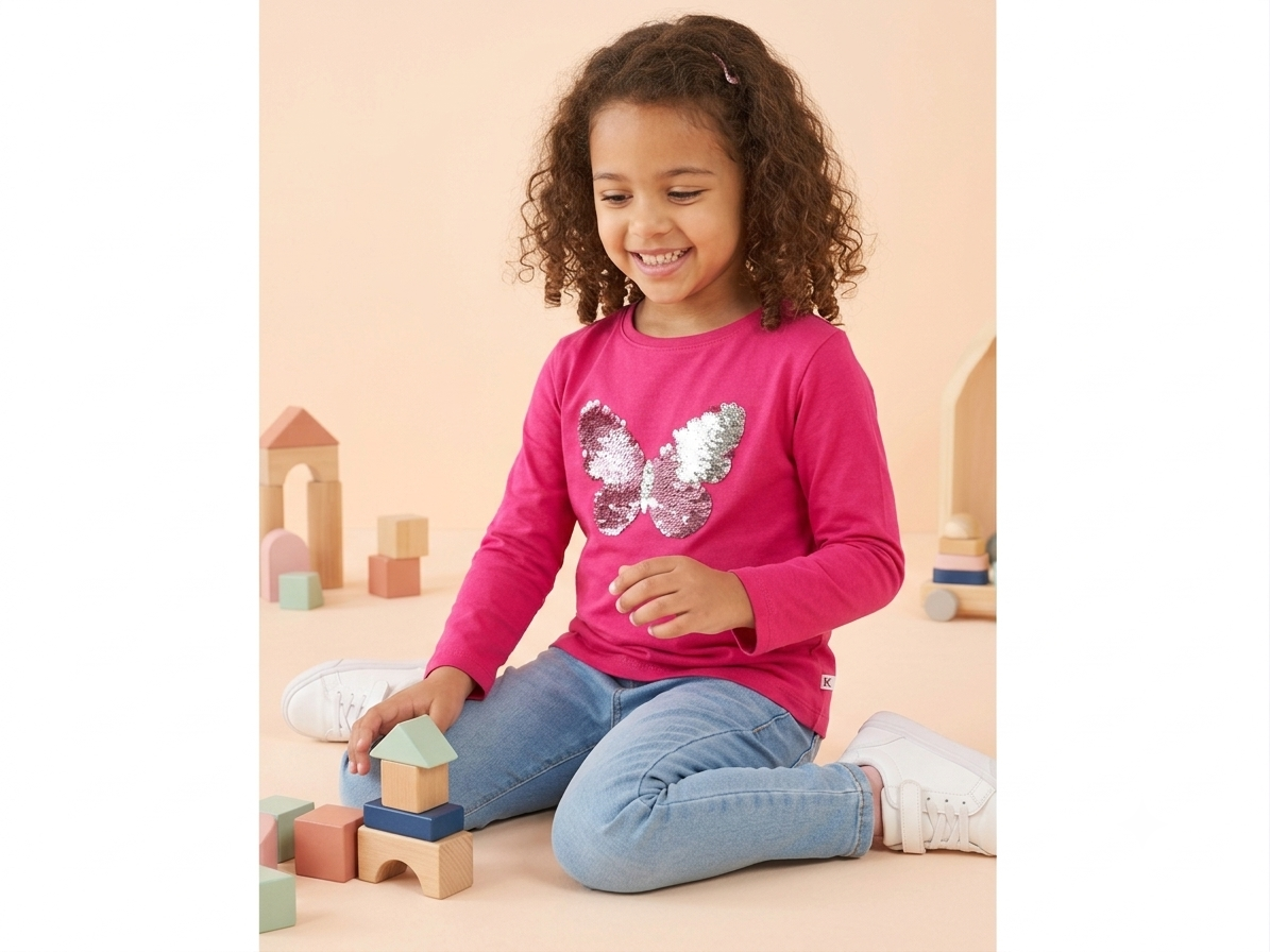 Girls Butterfly Sequin Full Sleeve T-Shirt