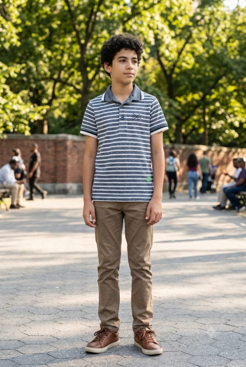 Boys navy striped polo shirt - worn by boy in park