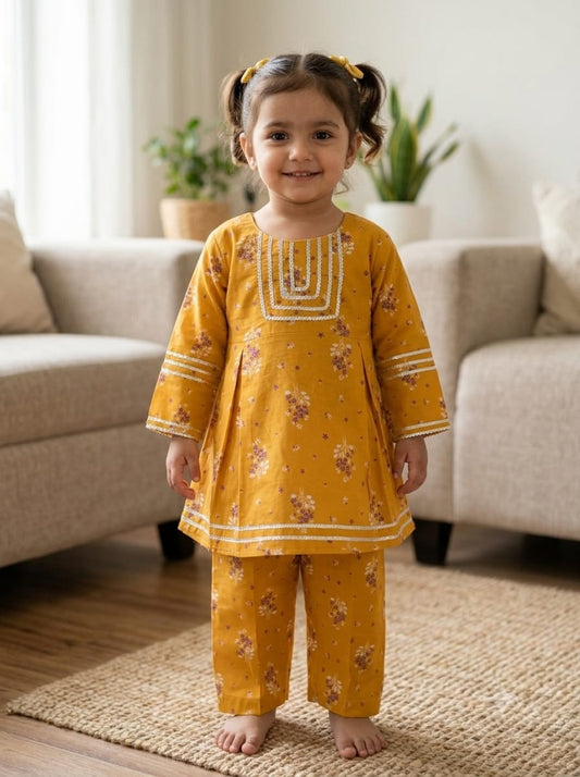 Girls Mustard Floral Shalwar Kameez - flat lay on hanger