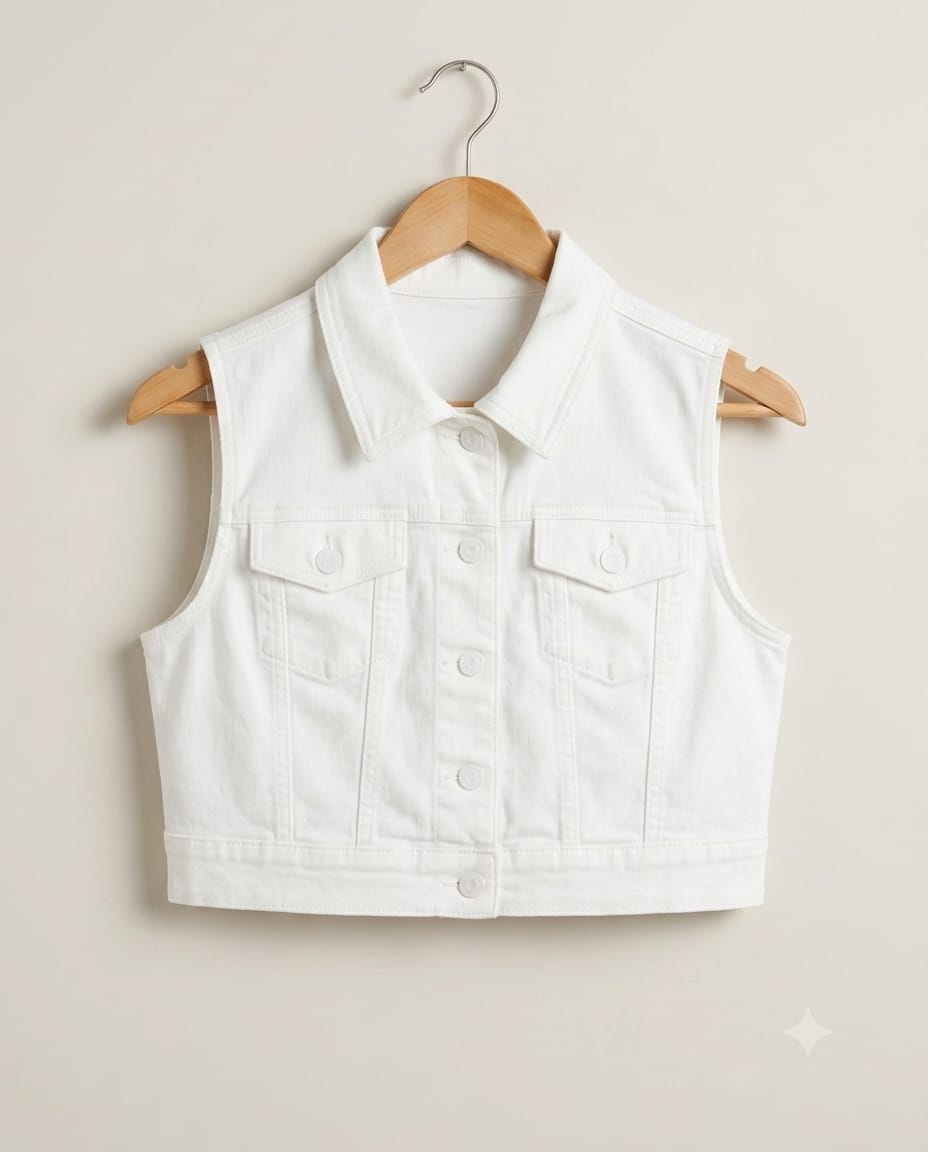 White sleeveless denim vest jacket on hanger