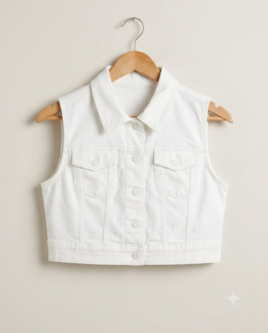 White sleeveless denim vest jacket on hanger