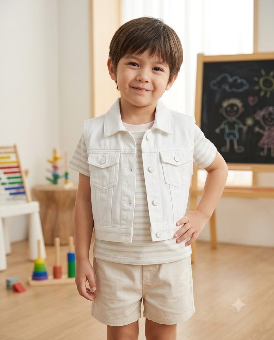 Boy wearing white sleeveless denim vest jacket