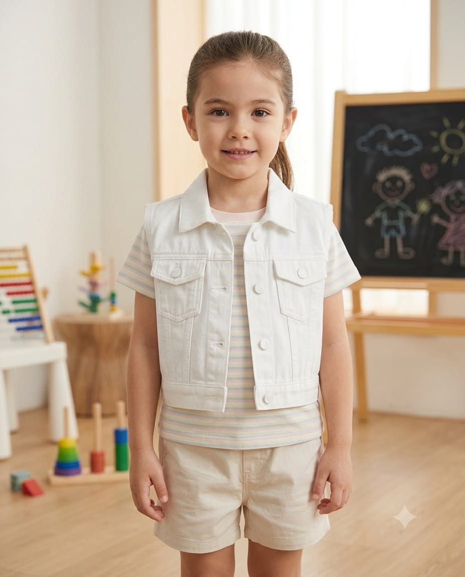 Girl wearing white sleeveless denim vest jacket