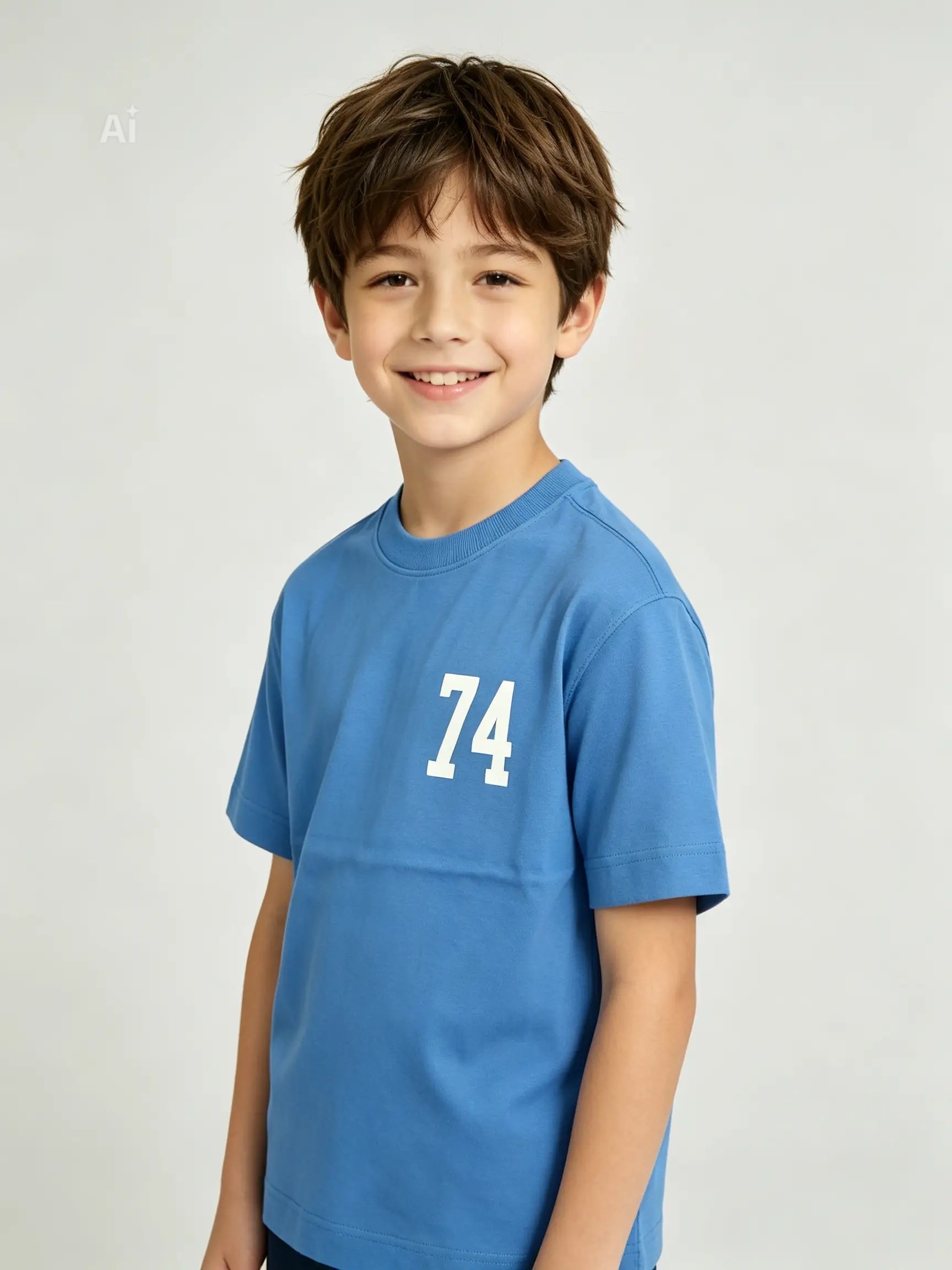 Boys blue graphic tee - front view on hanger