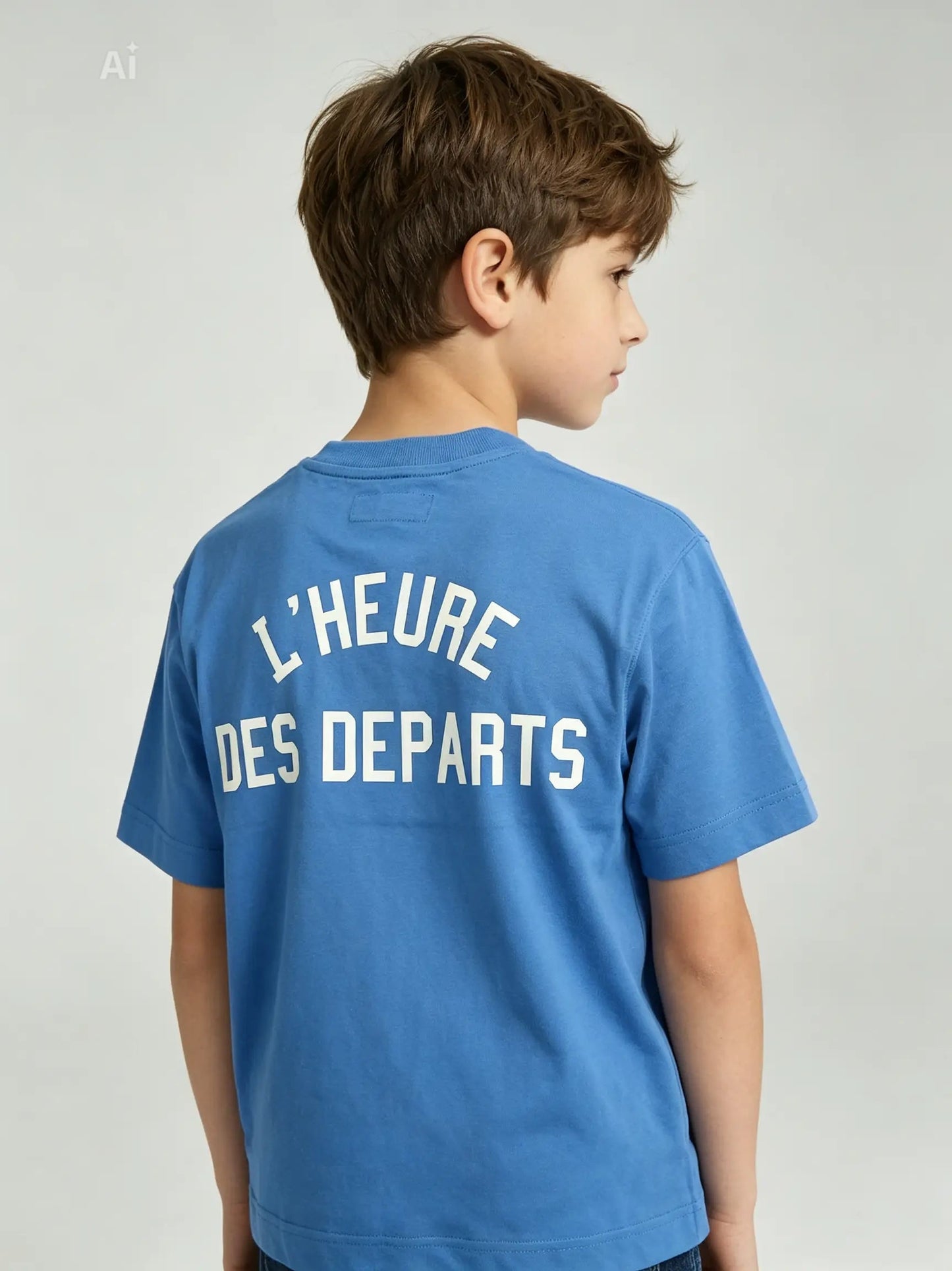 Boys blue graphic tee - back view on model