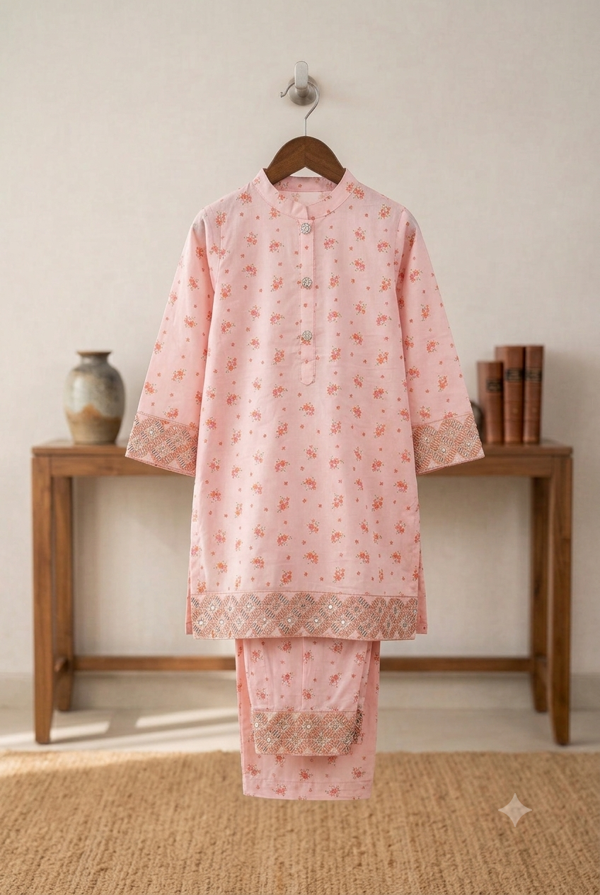 Girls Floral Shalwar Kameez - Blush Pink flat lay