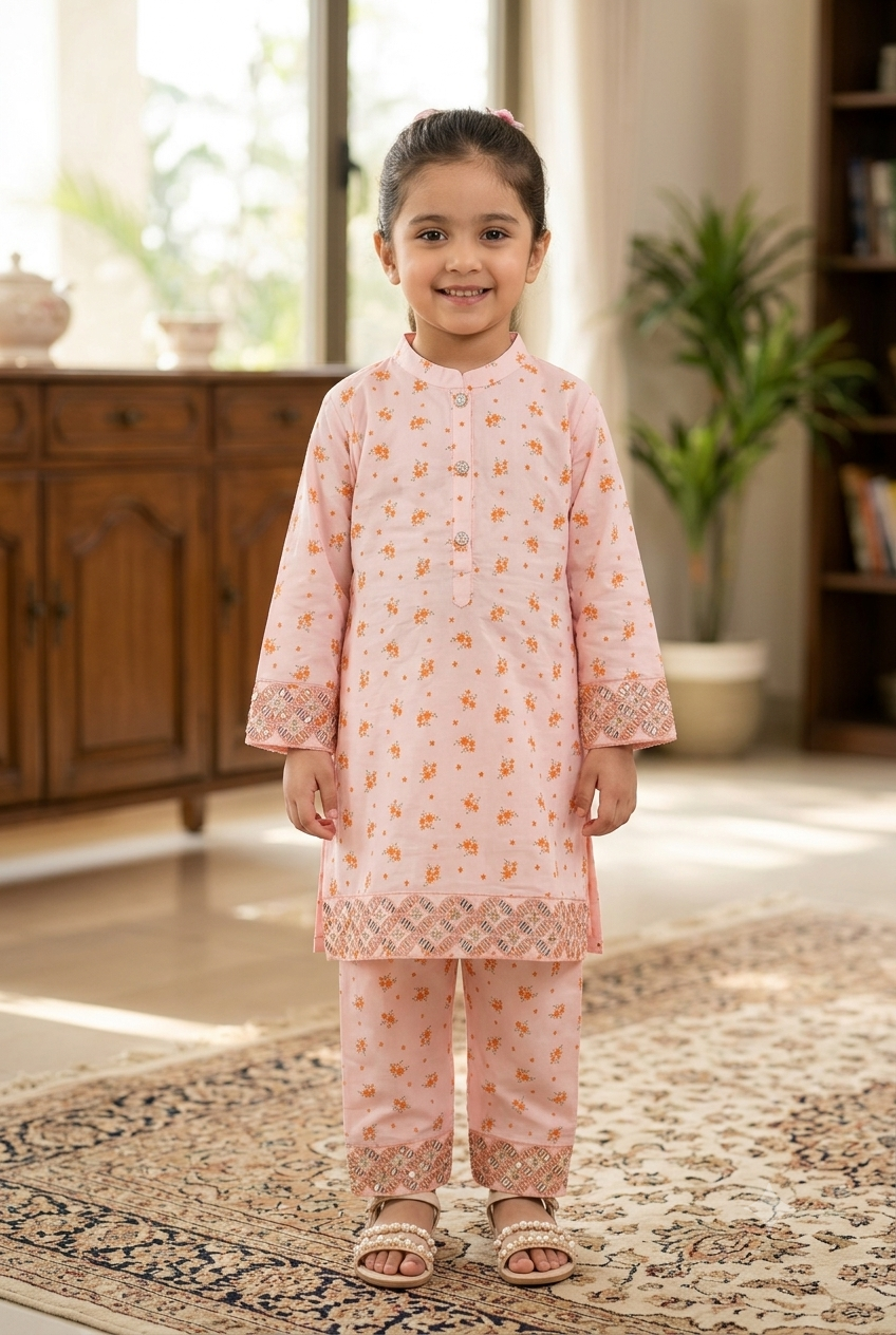 Girls Floral Shalwar Kameez - Mint Green on model